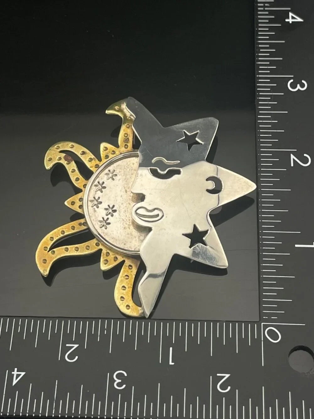 Vintage Mexico 925 Sterling Silver & Brass Celestial Sun Moon Brooch Pin Artisan